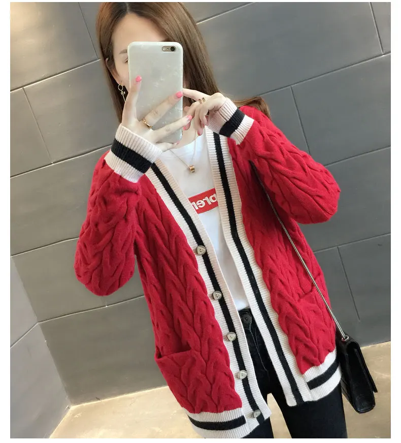 Autumn Winter Women Knitting Cardigan Sweaters Casual Twist Knitted Sweaters Coat with Pockets - Цвет: Красный