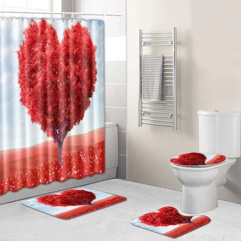 

ONGLYP 4pcs Shower Curtain Set 3D Red Heart Tree Bathroom Curtains with Hooks Non Slip Bath Mat Toilet Cover Rugs Mat Home Decor