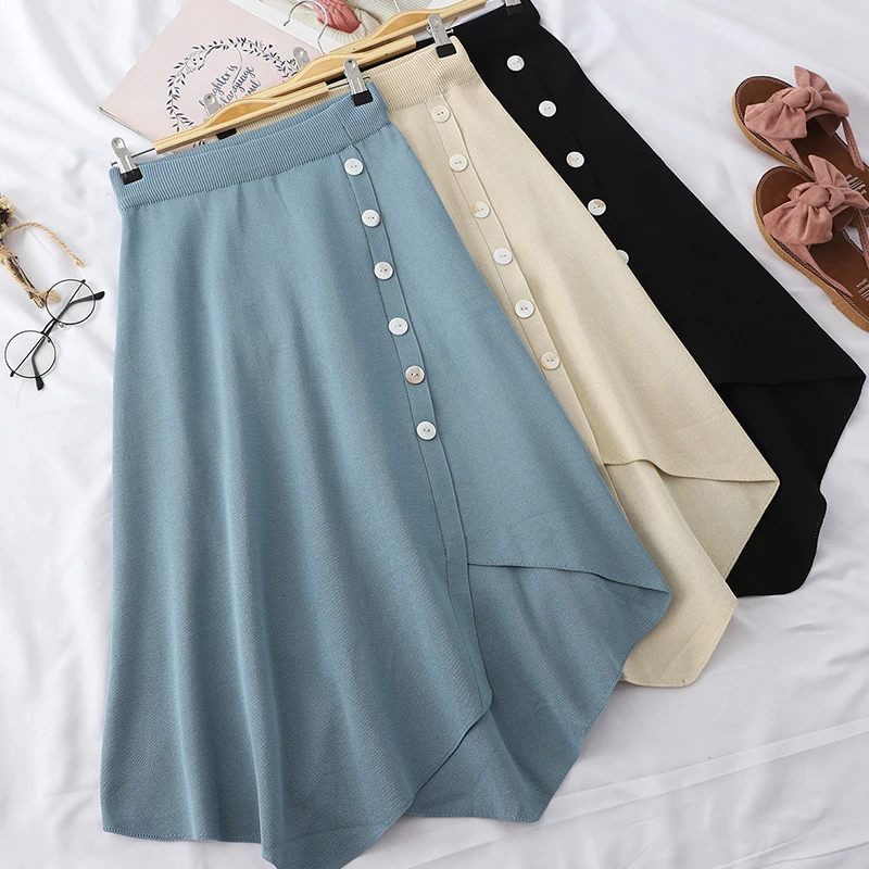 

Knitting Irregular Skirt Women Casual High Waist Button Decor Blue Black Long Skirt Saias Female Loose Sweet Bottoms