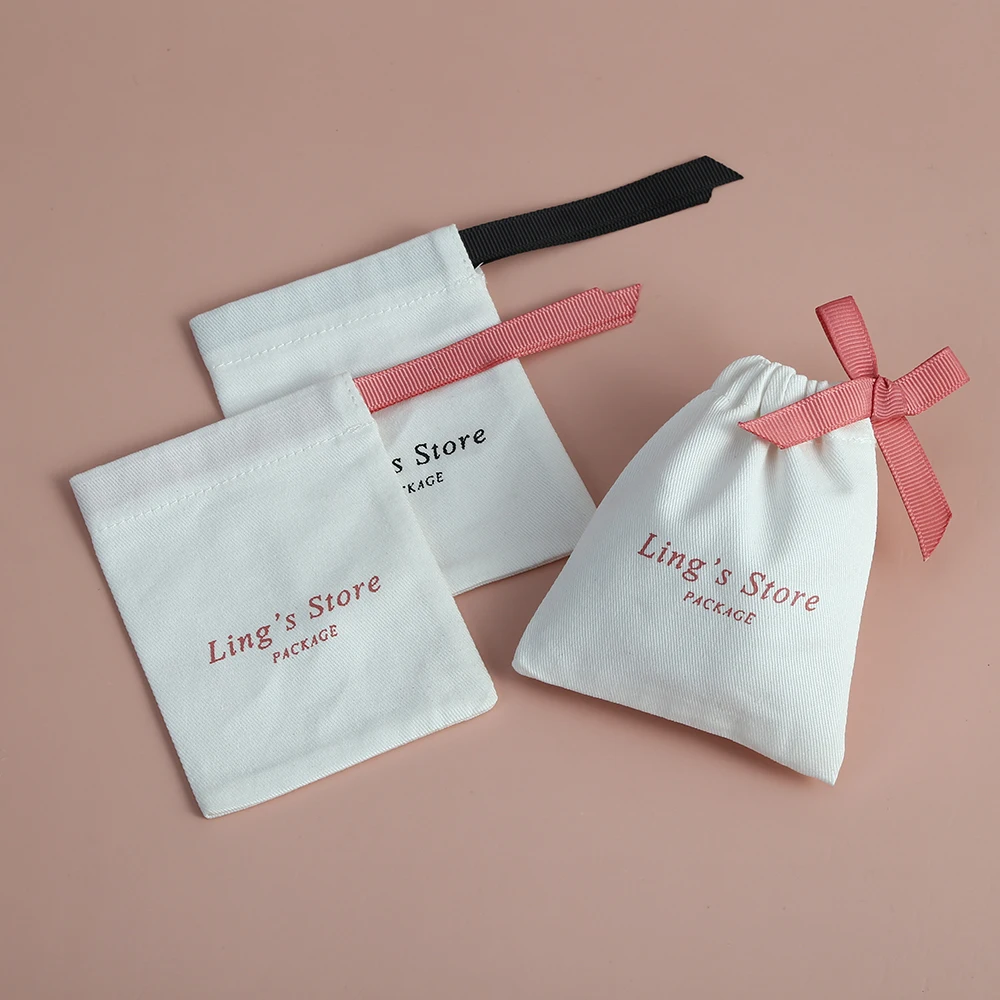 50pcs Custom Jewelry Packaging Pouch Cotton Canvas Drawstring Bags Personalized Logo Chic Small Jewellery Packaging with Ribbon