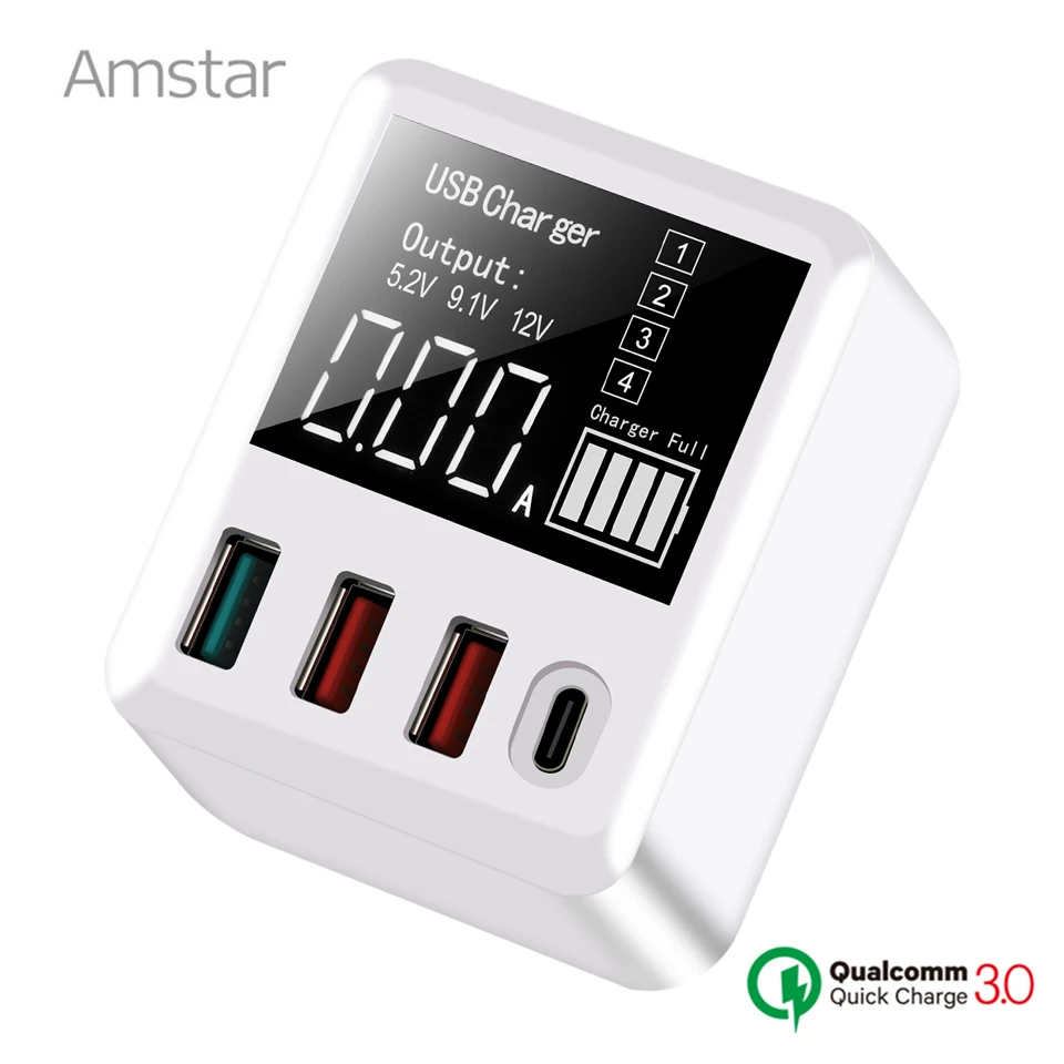 Amstar Quick Charge 3.0 30W USB Charger LED Display Mini USB Type C Charger For iPhone Samsung Huawei Travel Wall Adapter