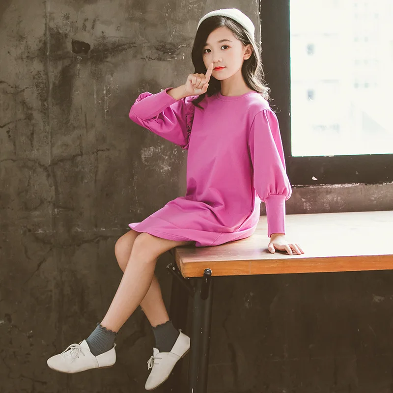 

Girl Dress 2019 Autumn Winter Pink Ruffles Long Sleeve Dresses For Kids Solid Straight Teenager Big Girls Casual Brief Dress