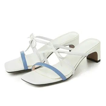 

Leather Color Toe Cross Ladies Sandals Fashion Low Heel Comfor Kitty Slippers 2020 Summer White apricot34-40