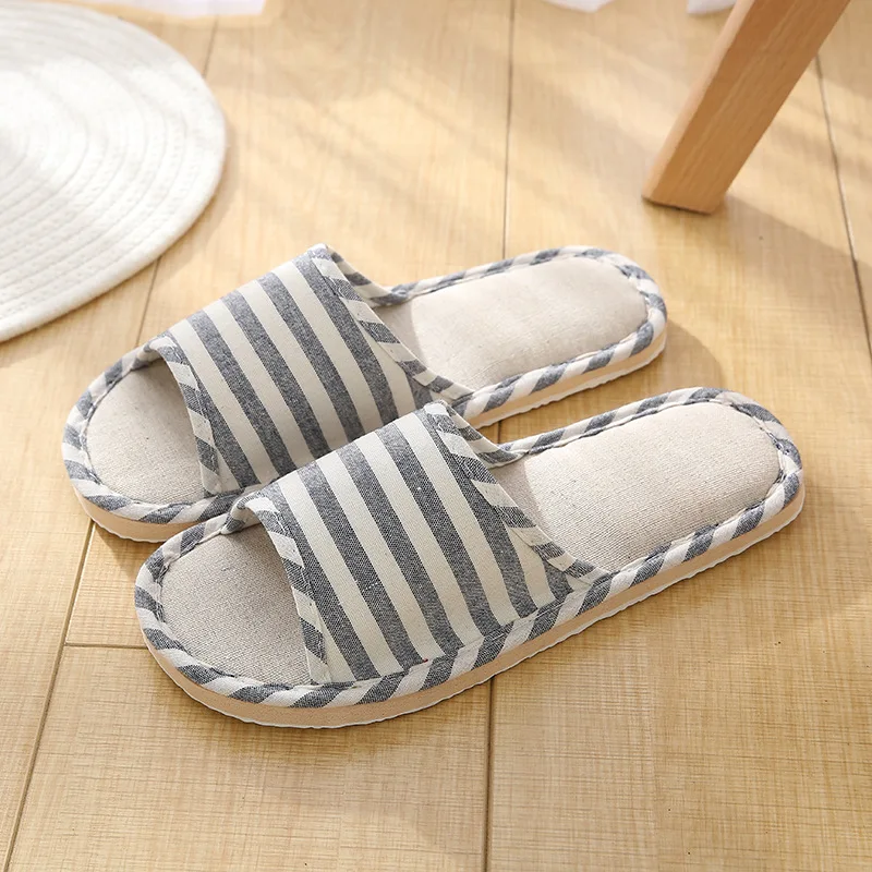 2024 Summer New Striped Slippers Casual Soft Non-Slip Foam Bottom Indoor Flip Flops Couple Linen Home Shoes 3