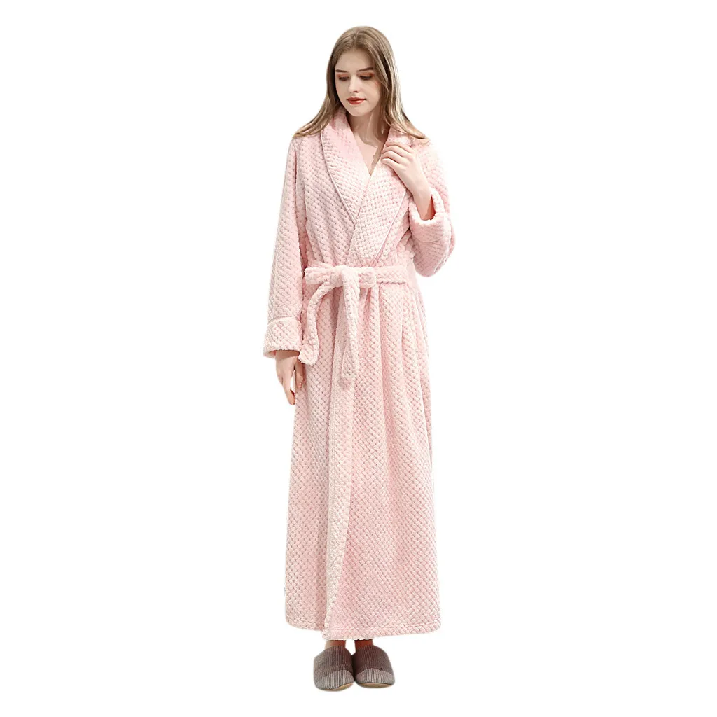 Womens Solid Thicken Coral Fleece Robe Bathrobe Gown Pajamas Sleepwear Pocket