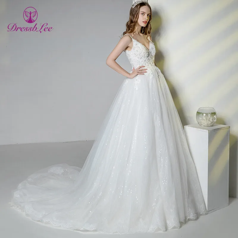 DressbLee Новое поступление свадебное платье цвета слоновой кости с вышивкой бисером на тонких бретелях Свадебные платья с низким вырезом на спине кружевное свадебное платье