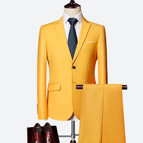 Классический мужской костюм, набор,, высокое качество, подгонянный, сплошной цвет, тонкий, деловой костюм, жених, свадебная одежда, высокое качество, смокинг/2 шт - Цвет: yellow 2PCS