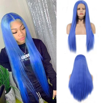 

Charisma Long Straight Hair Blue Wig Middle Part Synthetic Lace Front Wig Heat Resistant Wigs for Women Cosplay Wig