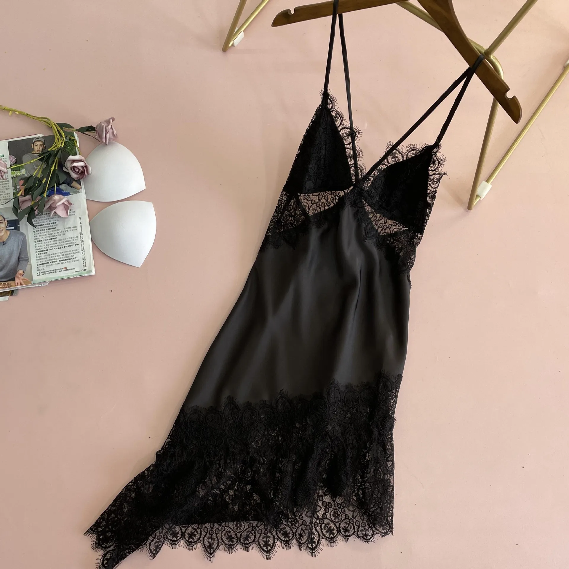 Women Nightwear Summer New Home Dressing Mini Black Nightdress Intimate Lingeri Satin Sleepwear _ - AliExpress Mobile