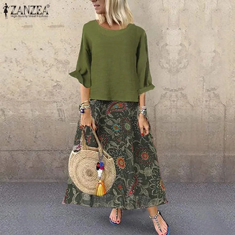 ZANZEA женское длинное Макси платье Лето 2 шт сарафан богемное платье Femme винтажные цветочные печати вечерние пляжные платья Vestidos