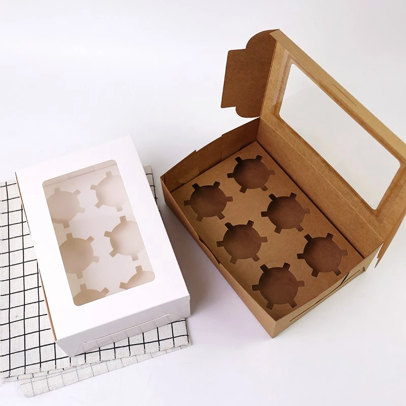 

50 шт. коробка для кексов, Свадебная вечеринка, день рождения, белая, коричневая коробка из крафт-бумаги с окном, бумажная Подарочная коробка, упаковка, держатели для торта на 6 чашек