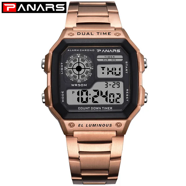 PANARS Men Sports Watch Multifunction Alarm Clock Chrono Waterproof Wristwatch Gold Steel Male Digital Watches Relogio Masculino 