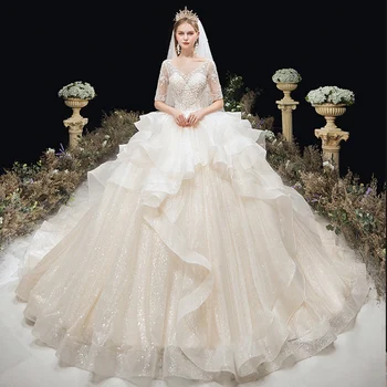 

Beading Sequined Appliques Flowers Shiny Ball Gown Wedding Dress Plus Size Vestidos Half Sleeve Lace Up Gorgeous Bride Dresses