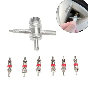 

4-Way Valve Tool 4 In 1 Removal Tool + Valve Core For Car Truck Motorcycle 4-Way Valve Tool With 6 Brass Valve Cores Fit For All