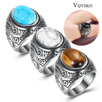 Wholesale Retro Jewelry turquoise Stone Rings For Men Titanium Steel Inlaid Three Colors Onyx Ring Men Domineering Opal Ring 1