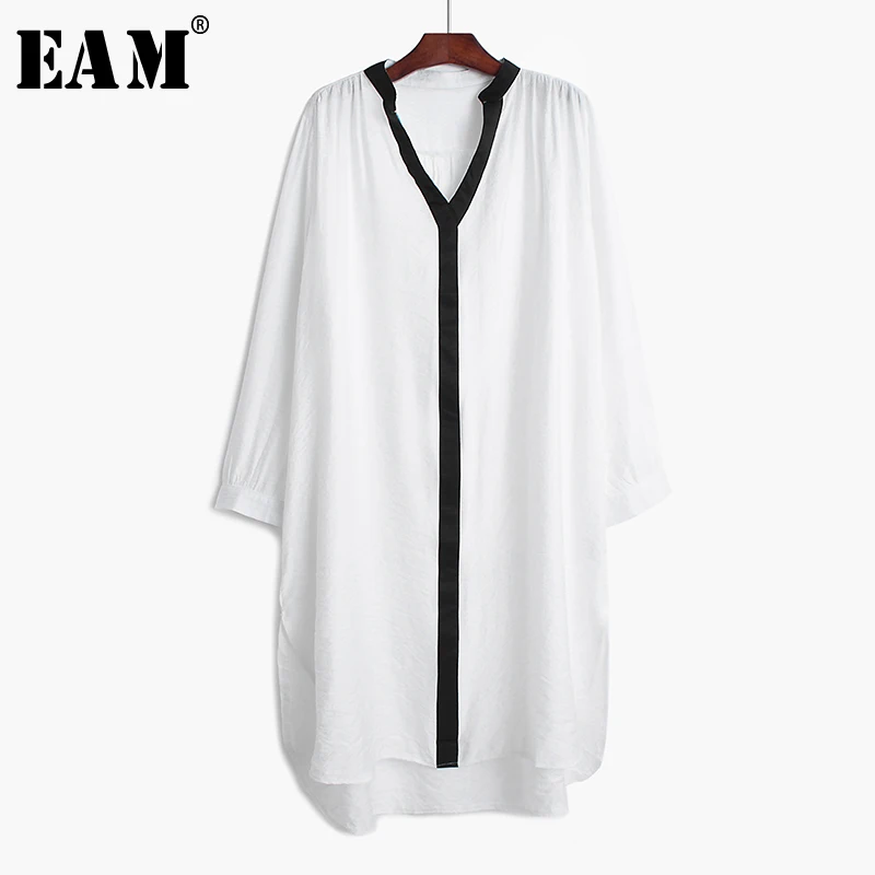 

[EAM] Women Big Size Contrast Color Causal Pleated Dress New V-Neck Long Sleeve Loose Fit Fashion Tide Spring Autumn 2019 1A754