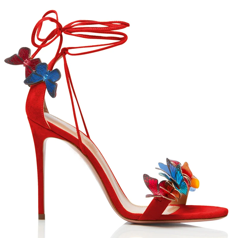 

Summer 3D Multi Butterfly Embellished Open Toe Woman Sandal Party Thin Heels Bandage Lace Up Gladaitor Shoes Outfit Dress Heel