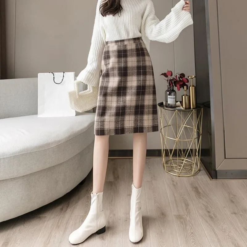 

2020 Autumn Winter Women High Waist Woolen Plaid Skirt Elegant Fashion Female All-match Midi Pencil Skirt Skirts Women S582