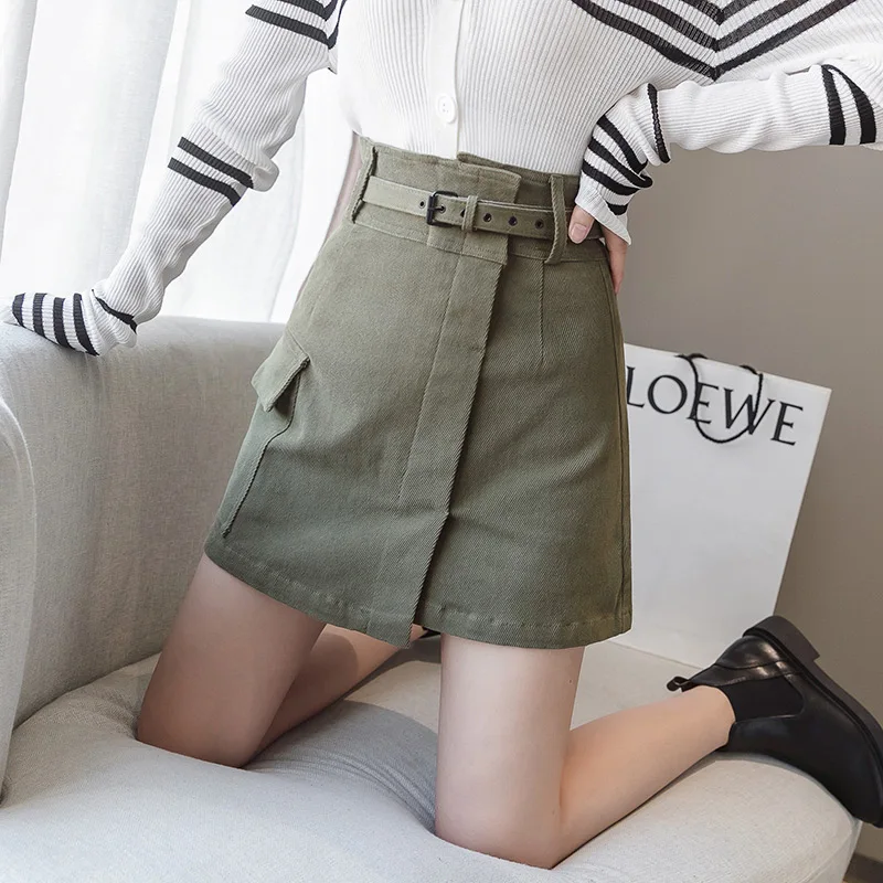 Trytree Autumn Women Casual Empire Short Skirt 5 Colour A-line Fashion Elegant Pockets Button Belt Mini Office Lady Short Skirt - Color: Army Green