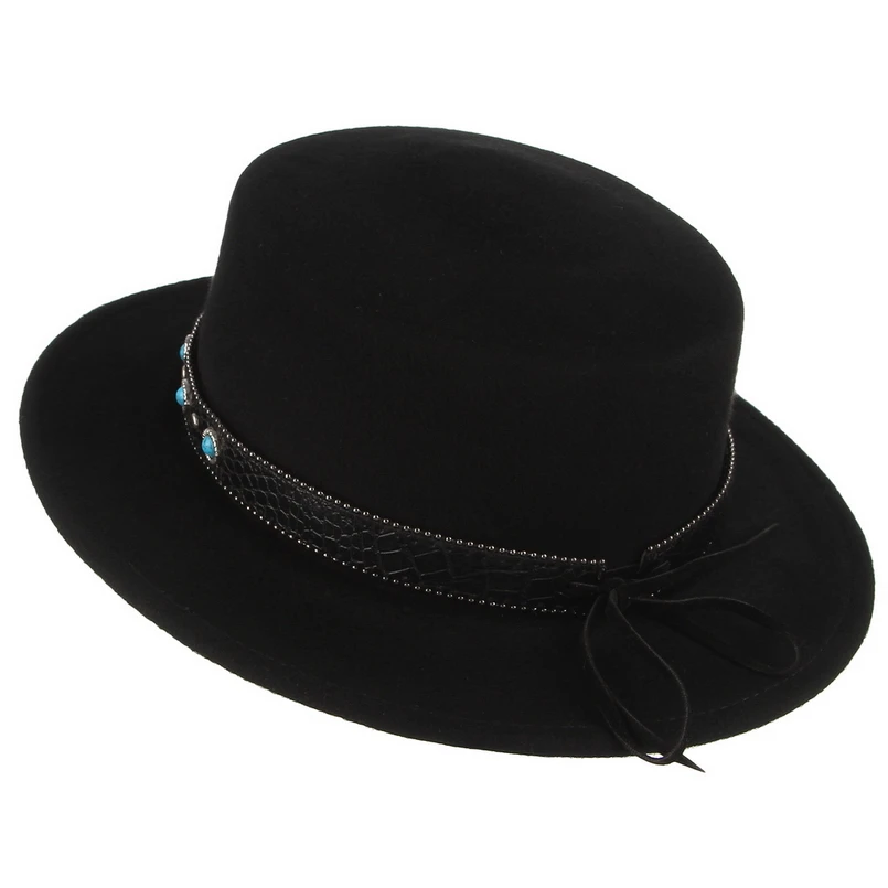 GEMVIE шерстяная шляпа для женщин мужская плоская Корона Fedora с этническим кожаным ремешком средней длины шляпка для церкви осень зима