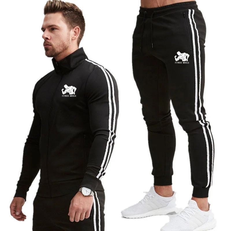 

New fashion Print fitness muscle Men Sport Set Tracksuit long Sleeve Hoodie Sweatshirt GYM Fitness Pants Workout Running Suit