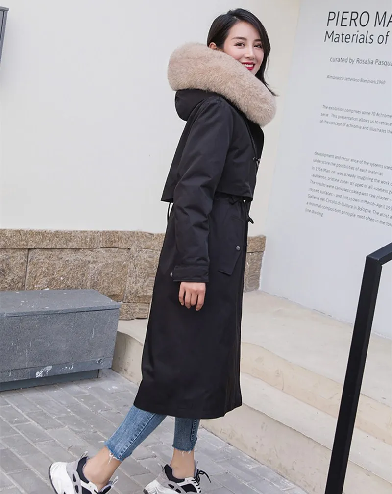 Black model 2 Водонепроницаемая парка, зимняя куртка для женщин, натуральный Лисий мех, подкладка, пальто, большой натуральный мех кролика, капюшон, Толстая теплая длинная парка, уличная одежда, новинка - Цвет: Black model 2