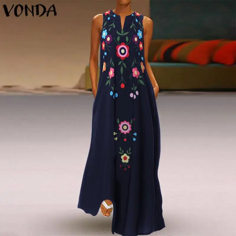 

2019 VONDA Floral Printed Dress Sexy V Neck Sleeveless Long Vestidos Bohemian Maxi Sundress Party Robe Femme Plus Size S-5XL