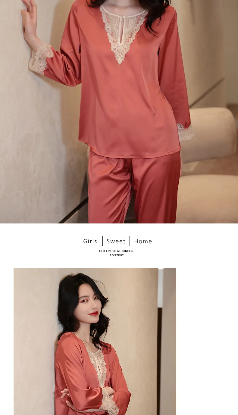 plus size pajamas Pajamas Women Spring New Satin Sleepwear Trouser Suits Sexy Lace Trim Homewear Bathrobe 2 PCS Shirt&Pants O-Neck Home Suit sleep wear