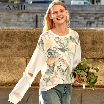 

Amii Spring Women Floral Print Sweatshirts Female O Neck Loose Long Sleeve Patchwork Causal Hollow Out Hoodies Tops 11970007