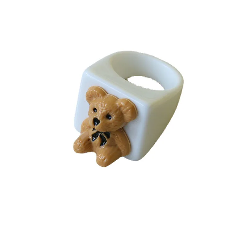 Cartoon Transparent Resin Acrylic Geometric Square Bear finger Rings For Women Girls Travel Jewelry Gifts finger ring,animal ring
