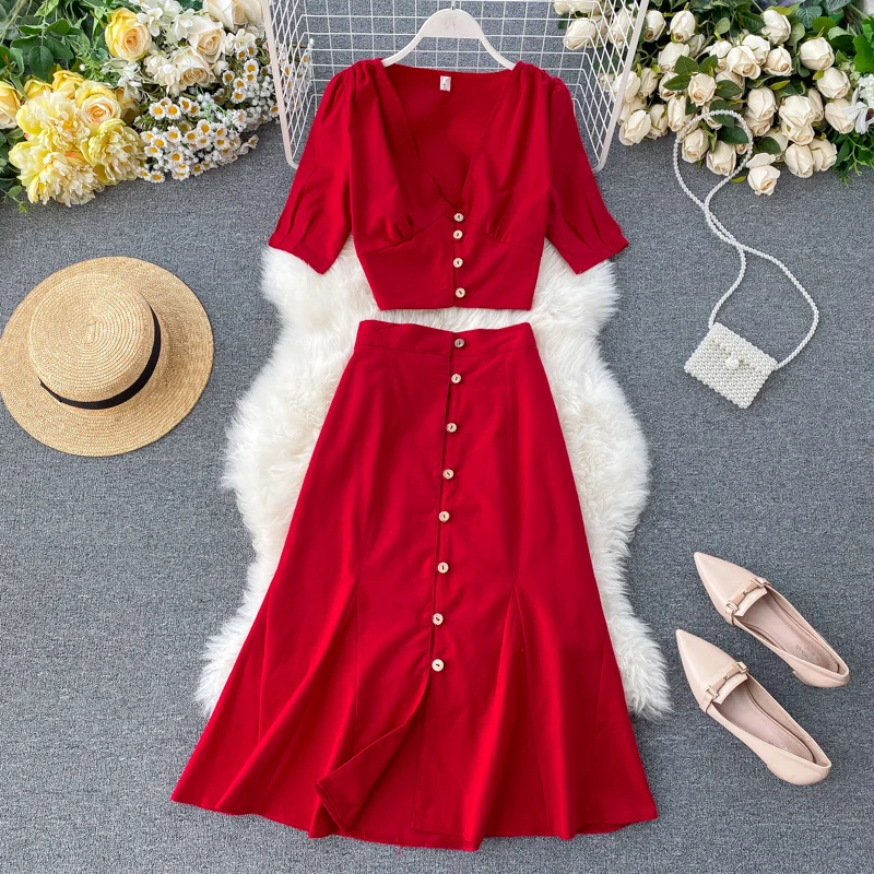 Модный красный женский комплект из 2 предметов, элегантный однобортный Топ с коротким рукавом+ пикантная юбка средней длины с глубоким v-образным вырезом, комплект из двух предметов - Цвет: Красный