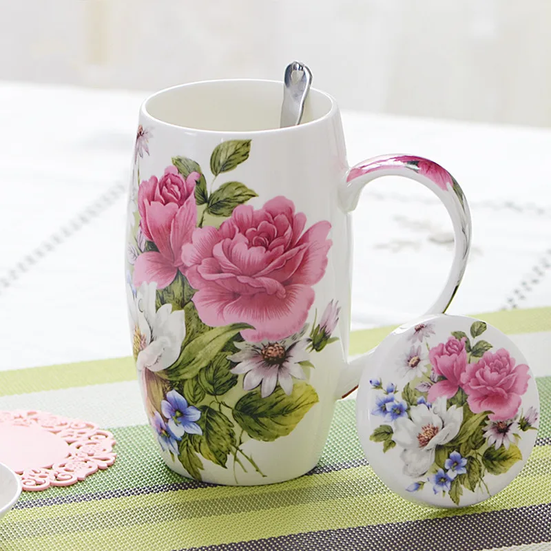 European Pastoral Bone China Coffee Mug Creative White Porcelain Hand Painted Office Tea Cup with Lid Large Capacity Beer | Дом и сад