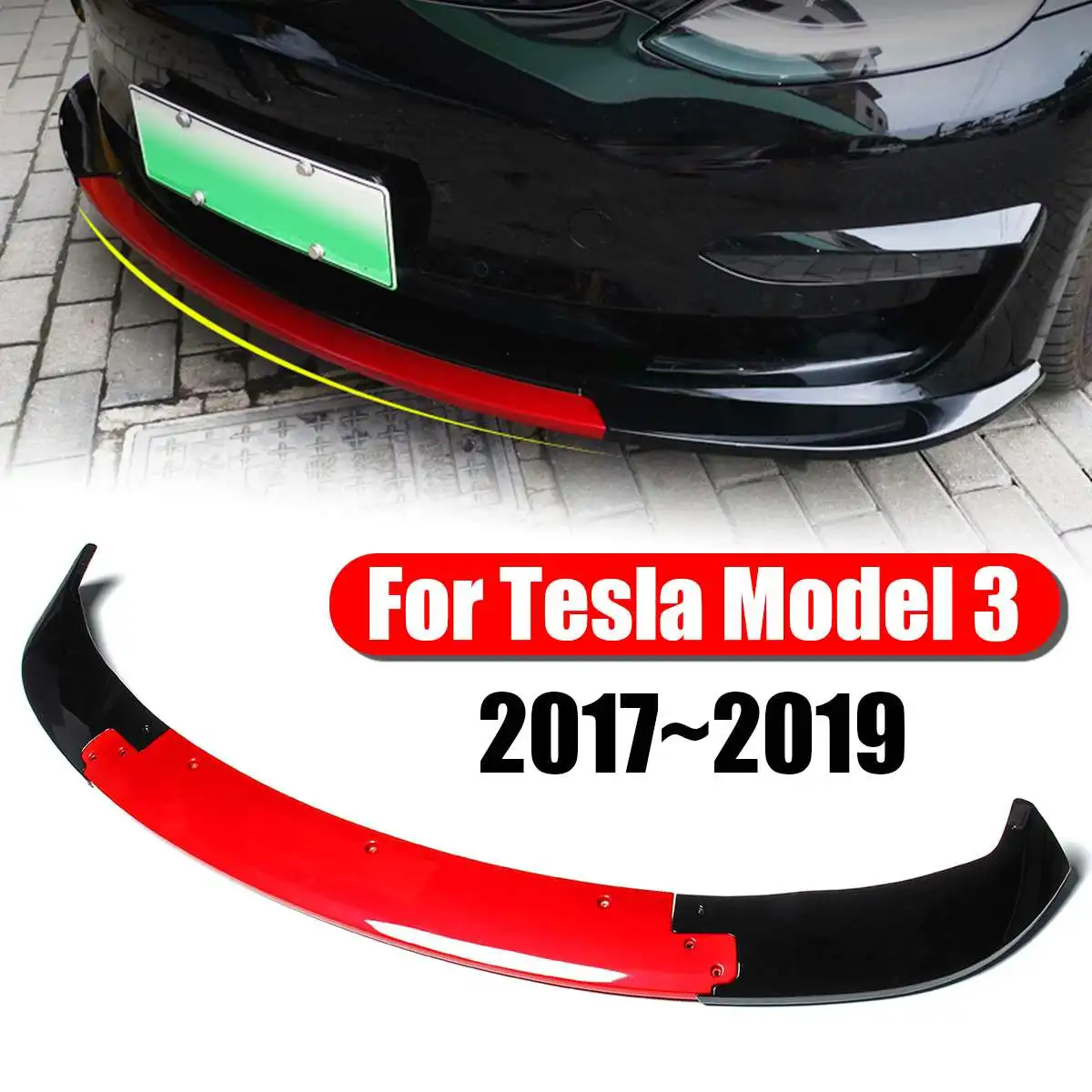 

3Pcs Gloss Black Red ABS Front Bumper Lip Protector Spoiler For Tesla Model 3 2017-2019