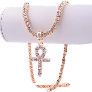 

Rose Gold cross pendant necklace egypt ankh religion jewelry hip hop 1 row tennis chain men's women crystal fashion rapper cz