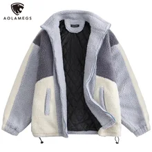 

Aolamegs Winter Lambswool Jacket Men Hit Color Patchwork Padded Cotton Outwear Warm College Style Coat Retro Vintage Streetwear
