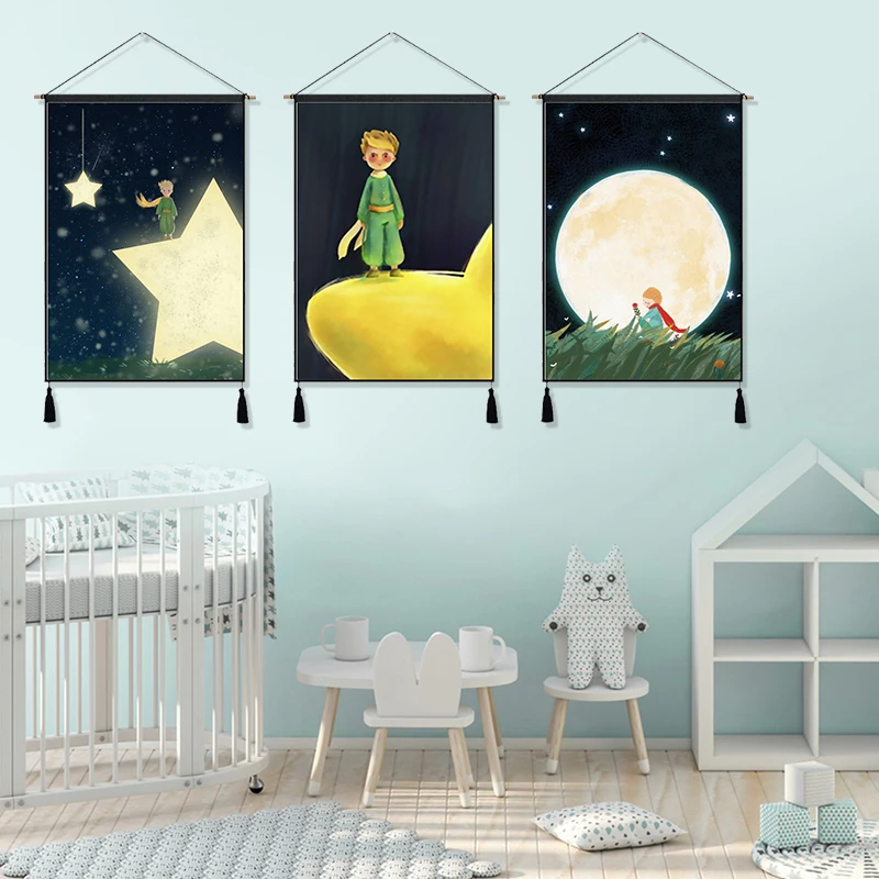 

Little Prince Cartoon Fairy Star Rose Line Hanging Cloth Cotton Line Paintings Posters Home Decor Wall Hanging Tapestry Gift