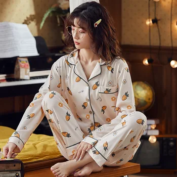 

Autumn New 2PCS Pajama Set Young Lady Cute Print Home Wear M-3XL Loose Long Sleeve Shirt&Pant Pyjama Cotton Bigsize Sleepwear