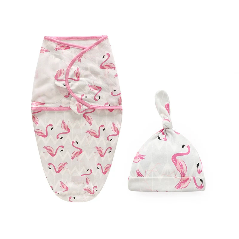 Пеленка для малышей+ шапочка, комплект для младенцев, Parisarc, хлопок, мягкий, для новорожденного ребенка, напечатанная Пеленка, одеяло, спальный мешок - Цвет: Flamingo Set