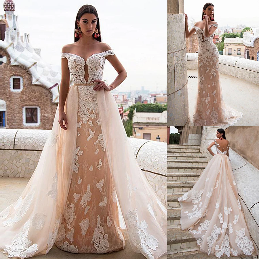 

Dreamy Champange scoop Appliques Robe De Mariee 2023 Sheath Illusion Custom-Made plus size wedding dresses With Detachable Skirt