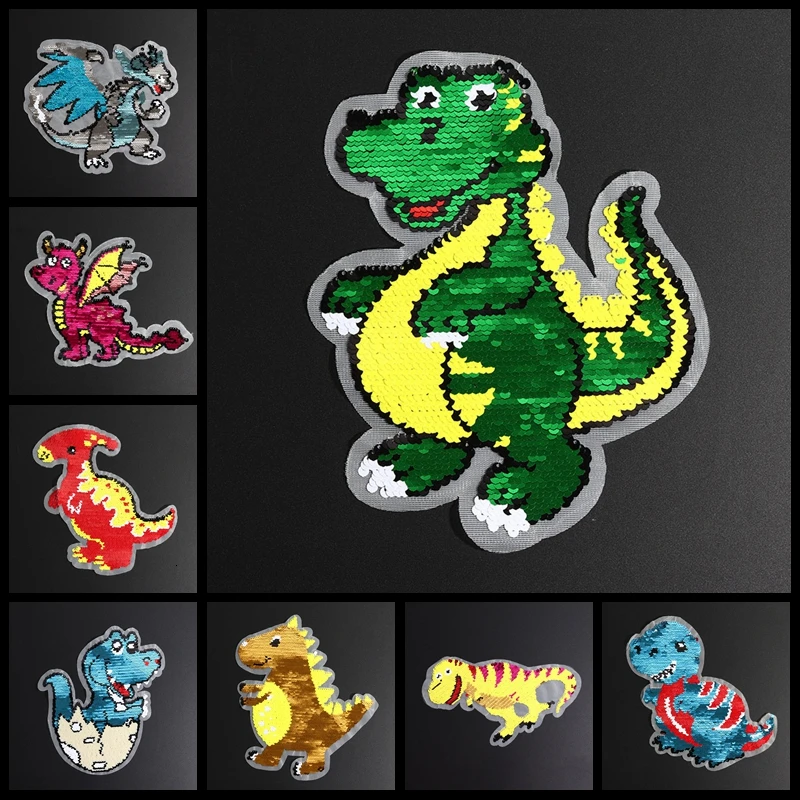 Cartoon Dinosaur Reverse Sequins Sew On Patches for Clothes Coat Sweater Embroidered Change Color Reversible Patch Appliques