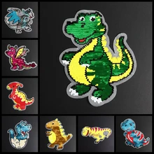 Desenhos animados dinossauro lantejoulas reversas costurar em remendos para roupas casaco camisola bordado mudança cor remendo reversível apliques