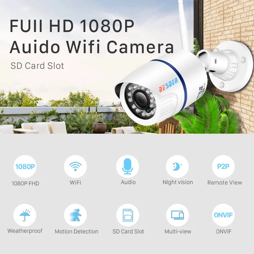 Besder 1080P IP камера Wifi ONVIF P2P аудио детектор движения камера безопасности с SD картой Удаленный просмотр Пуля Открытый ICSee IPC