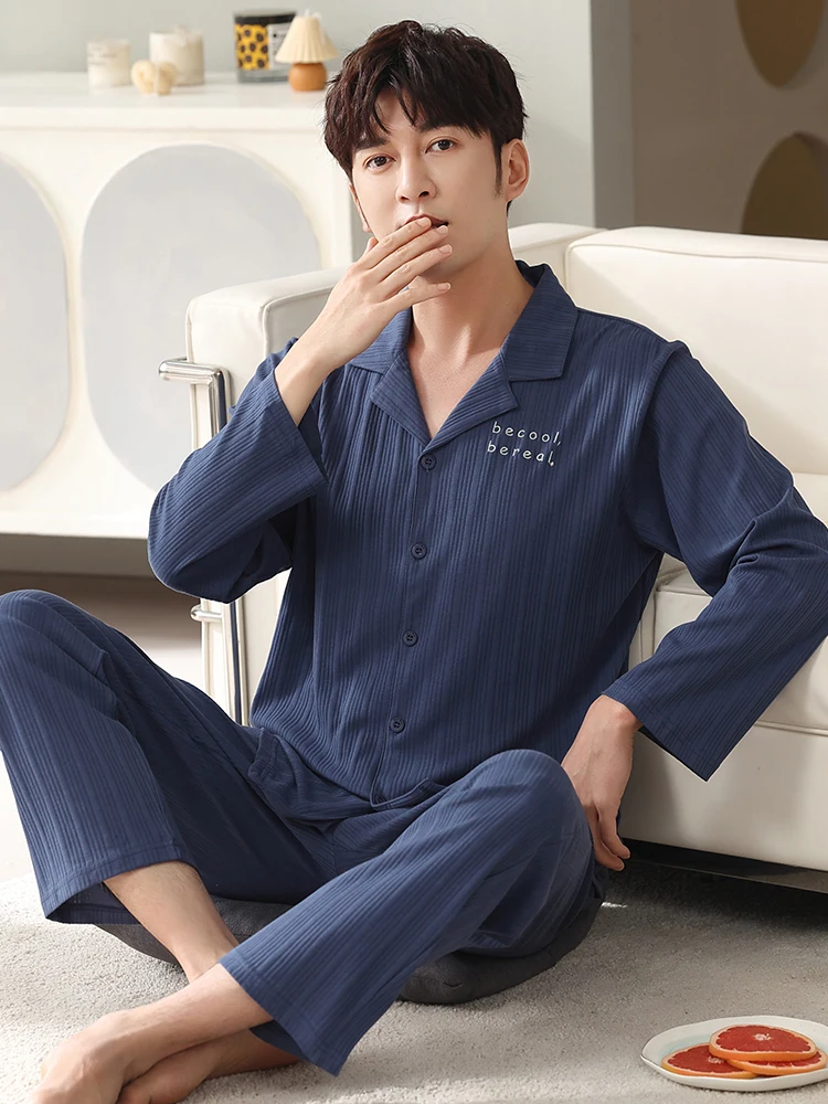 Men Family Pajamas 100% Cotton Spring Dark Blue Pyjamas Pants Bedroom Simple Autumn 2 Pcs Home Clothes Pijamas Suits New Fashion