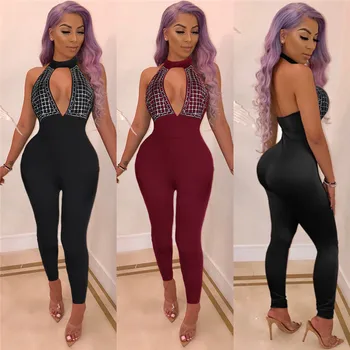 

Backless Open Back Long Pants Overalls Night Party Rompers Rhinestone Skinny Jumpsuit Women Black Halter Sexy Bodycon Jumpsuit