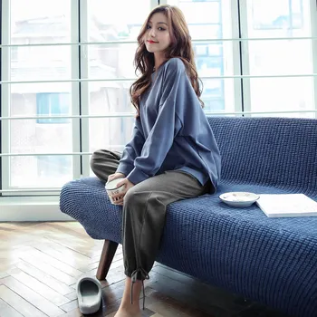 

Autumn 100% Cotton 2 Piece Set For Women O-Neck Sweatshirt And Trousers Loose Suit Female 2020 Home Wear Casual Lady Outfit Set