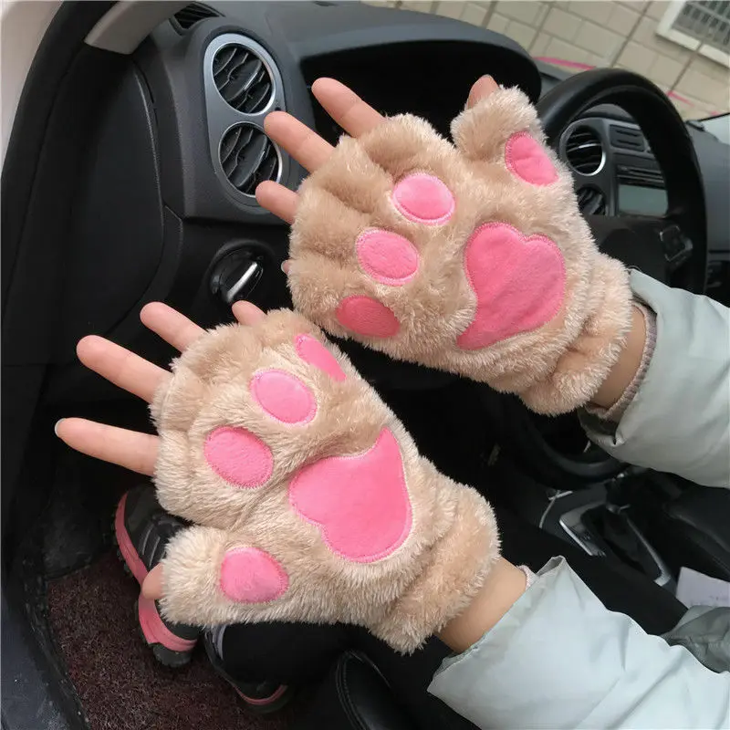 Популярные милые женские перчатки с кошачьими лапами, плюшевая перчатка, костюм милые зимние теплые перчатки с половинными пальцами