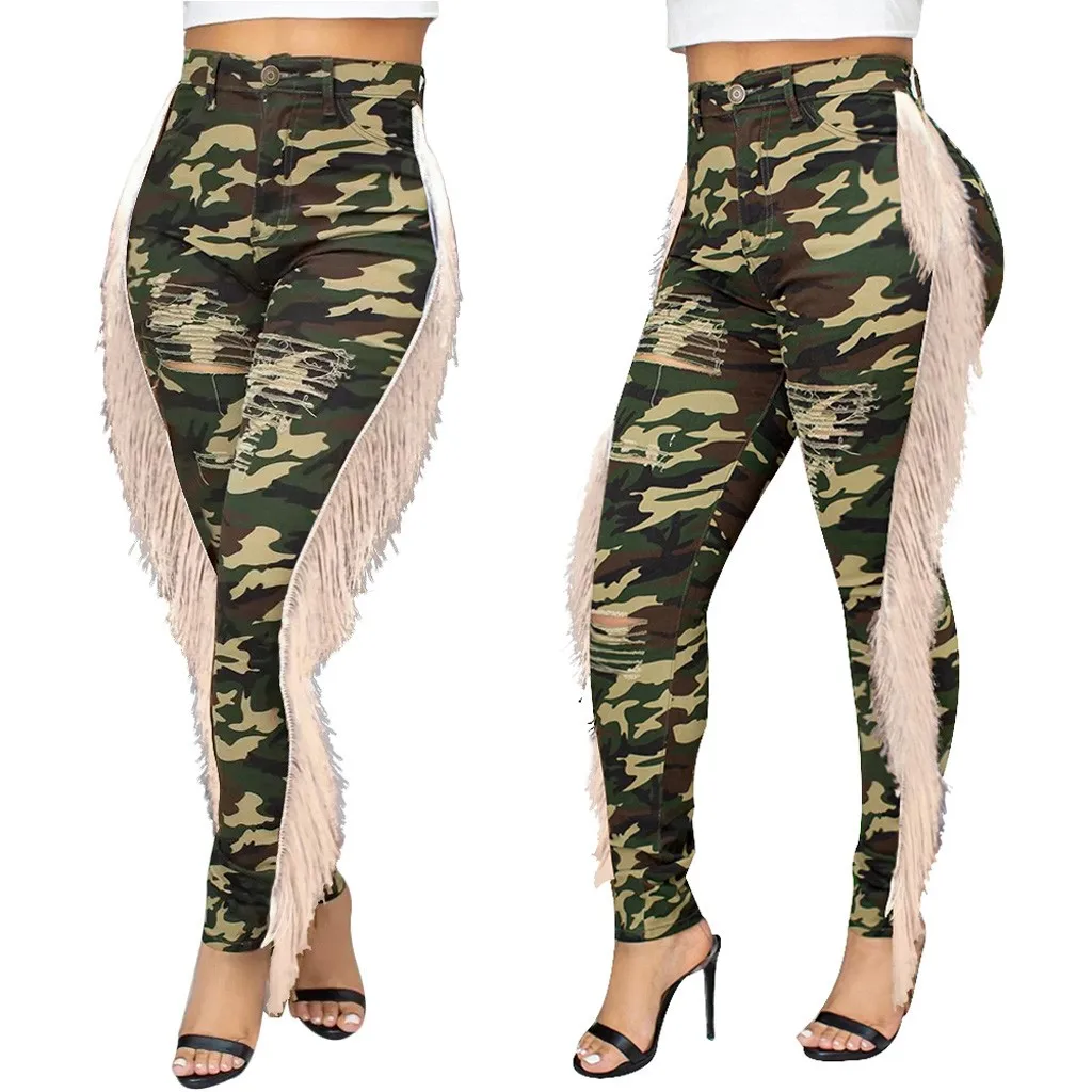 Jeans for Women mom plus size Stretch Jeans Women Fashion Skinny High-Waisted Camouflage Pocket Pants Hole Denim pencil Pants