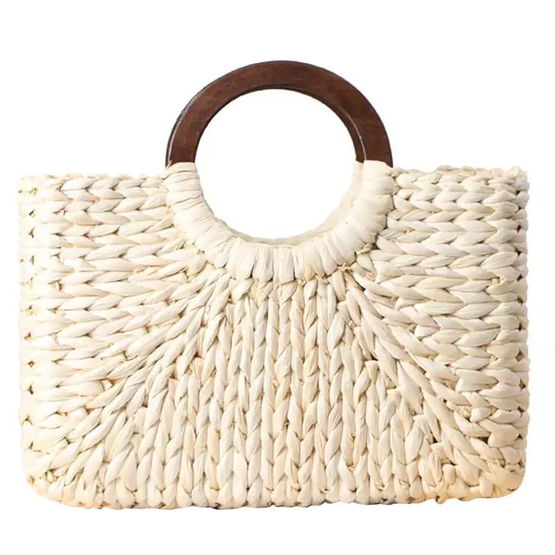 

Creative Round Handle Straw Women's Tote Bag Natural Corn Husk Handmade Woven Bag Hand Tote For Summer Beach Outdoor Travel
