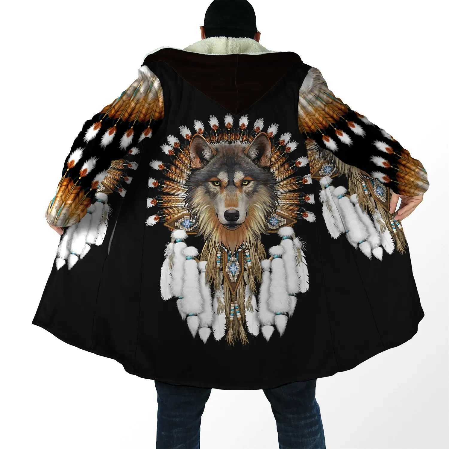 2021 Winter Mens cloak Beautiful Tribal Native Wolf 3D full Printing Thick Fleece Hooded Coat Unisex Casual Warm Cape coat DP15 native wolf white