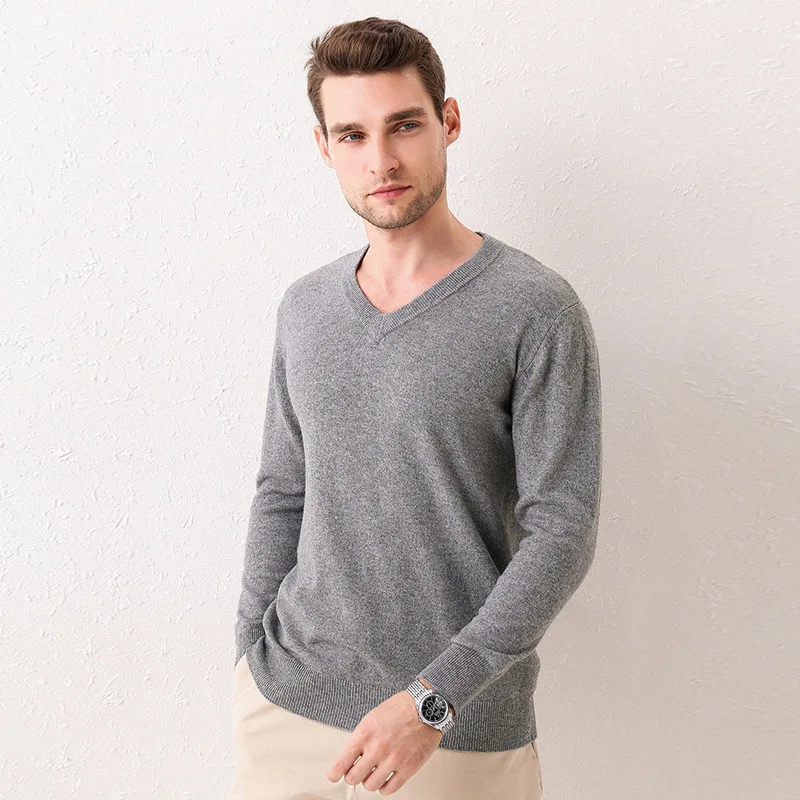 

Autumn And Winter Men New Style Woollen Sweater 100 Pure Wool V-neck Solid Color Sweater Versatile Casual Warm Sweater Outer Wea